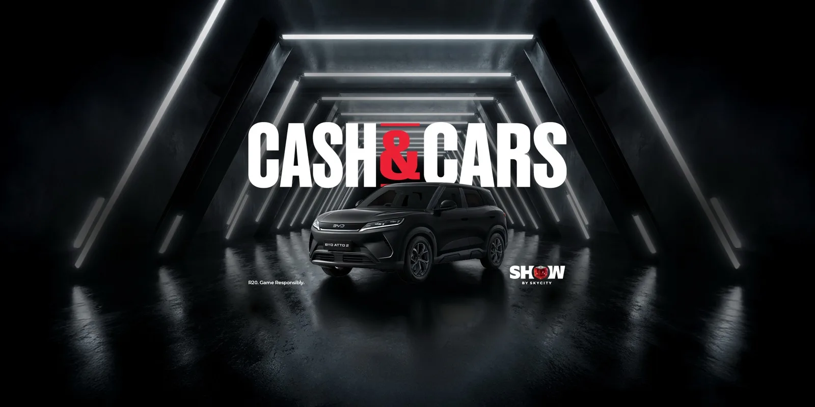 Cash and Cars promotion artwork: a black SUV lit in a dark tunnel beneath a bold Cash & Cars headline.