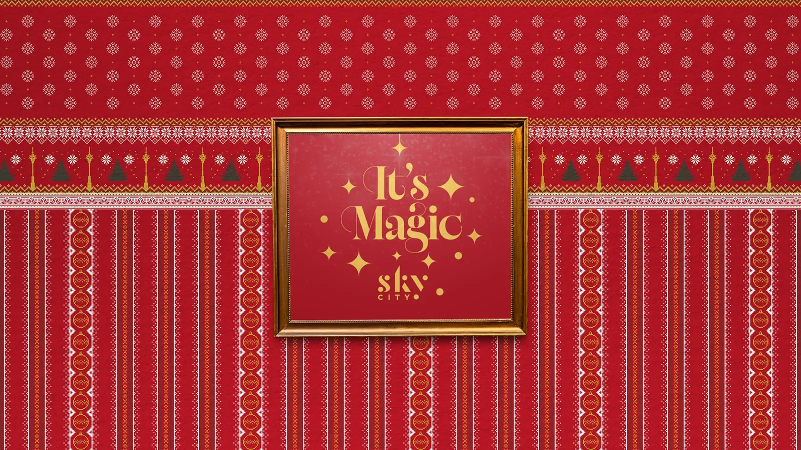 Christmas at SkyCity campaign artwork: a gold framed poster on a red festive patterned wall built from layered knit and ornament motifs.