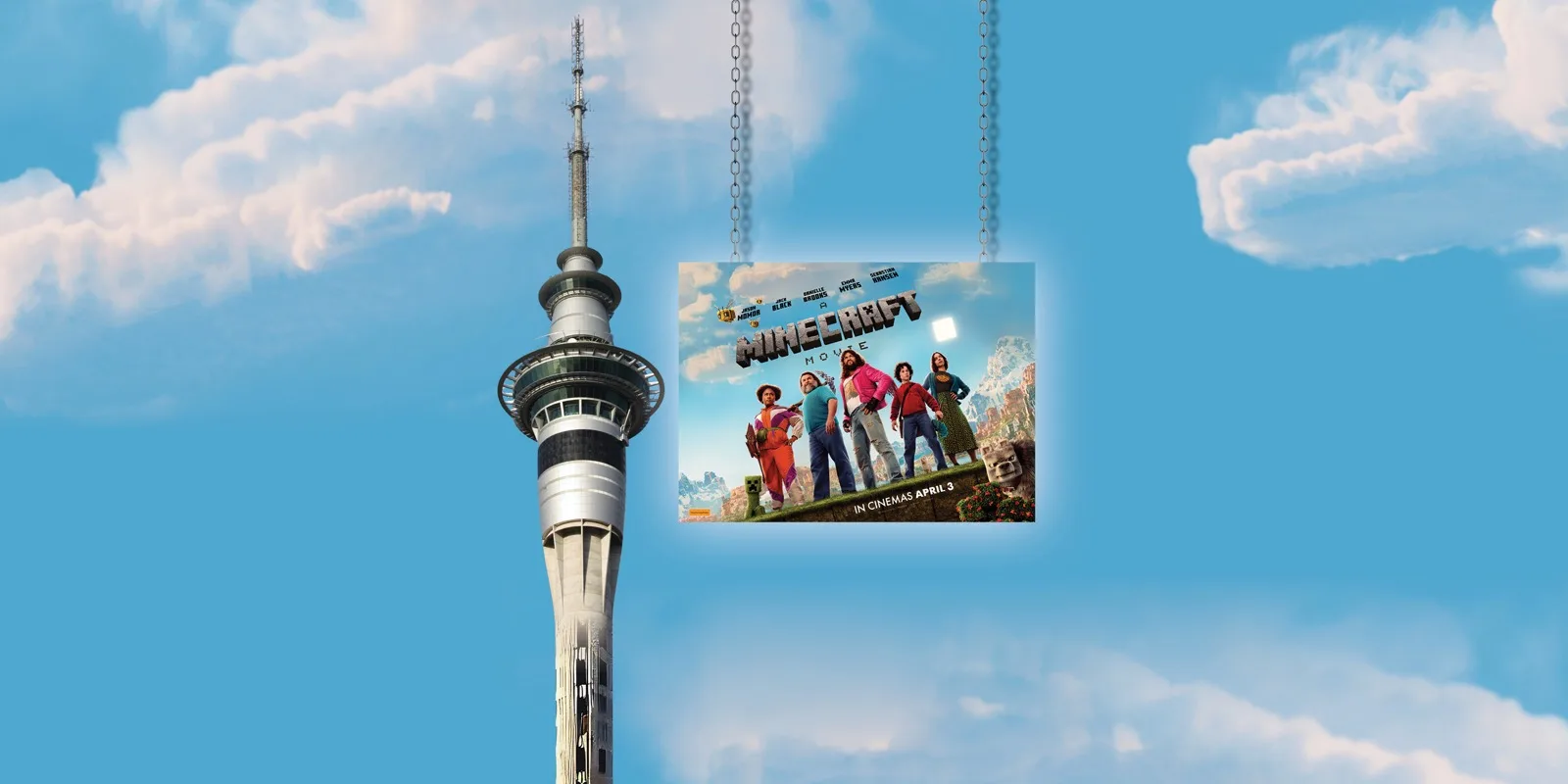 Minecraft partnership artwork: the Auckland Sky Tower against a bright blue sky beside a suspended A Minecraft Movie poster panel.