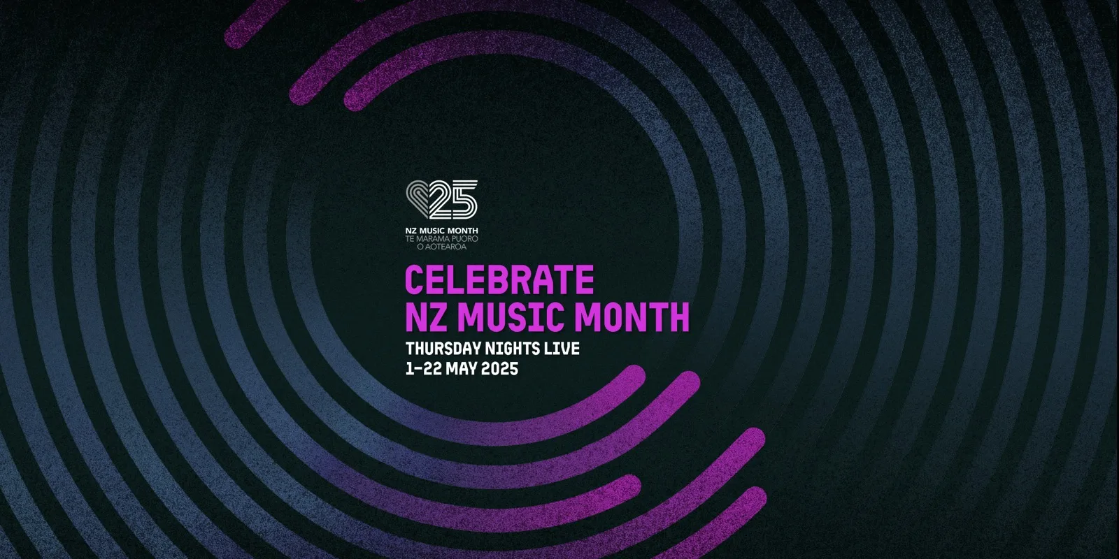 NZ Music Month artwork: concentric purple and teal record grooves on a dark textured field with the Celebrate NZ Music Month headline.