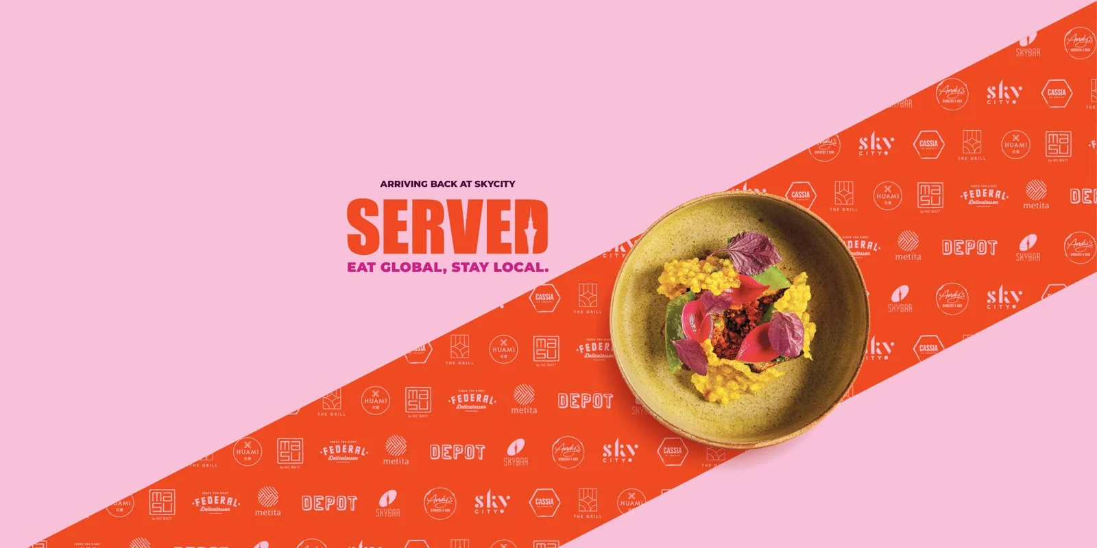 SERVED dining campaign artwork: a pink and orange diagonal split with a patterned band of restaurant logos and a plated dish.