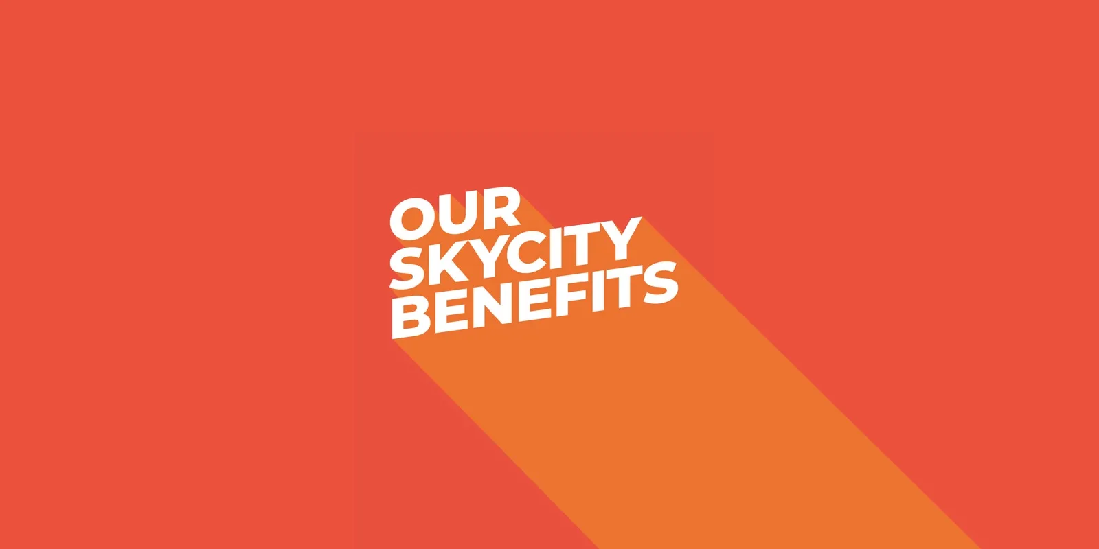 Employee Benefits artwork: white condensed type on a coral field with a long orange drop shadow.