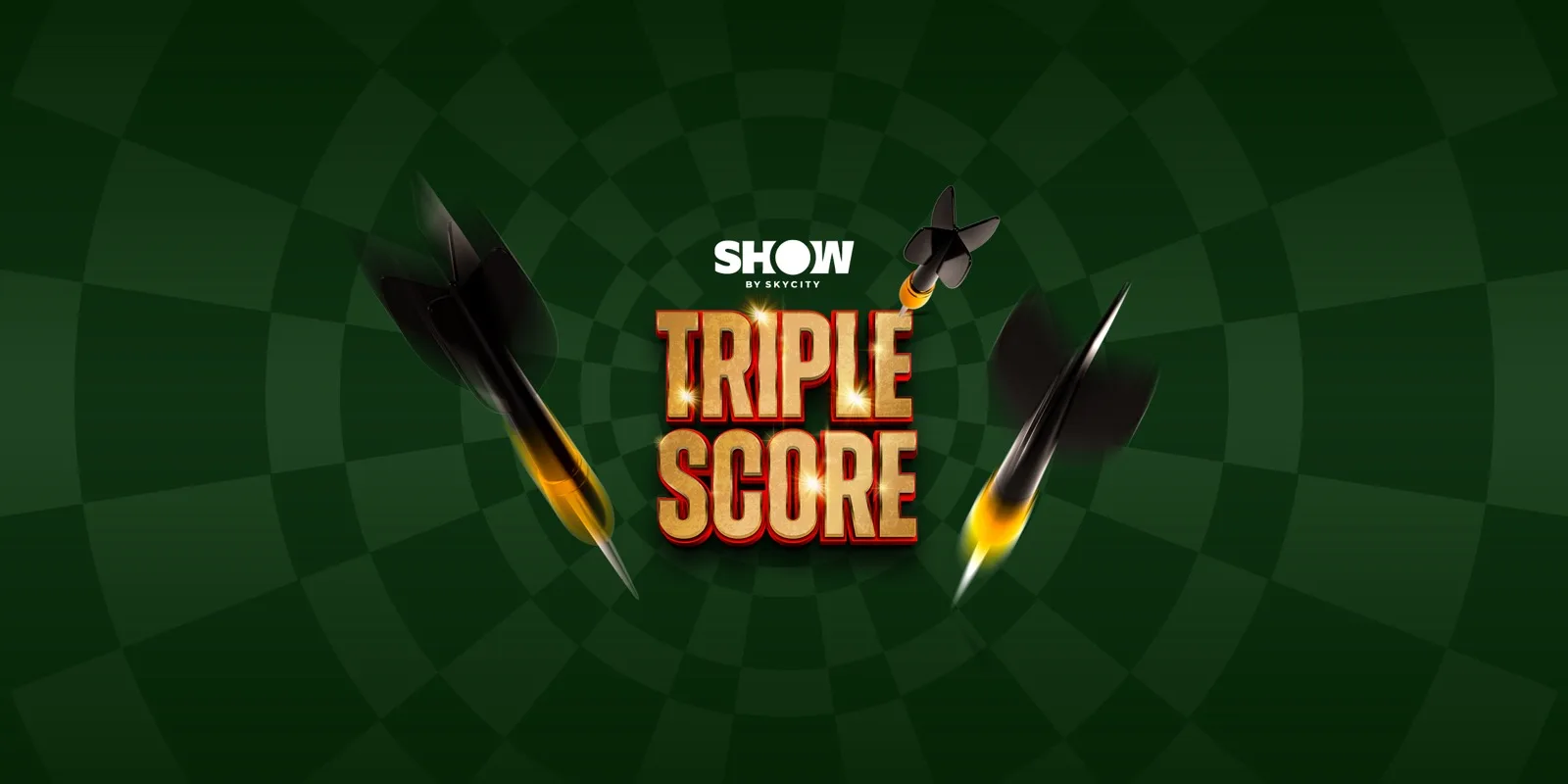 Triple Score darts promotion artwork: gold chiselled lettering on a dark green dartboard field with two darts in flight.